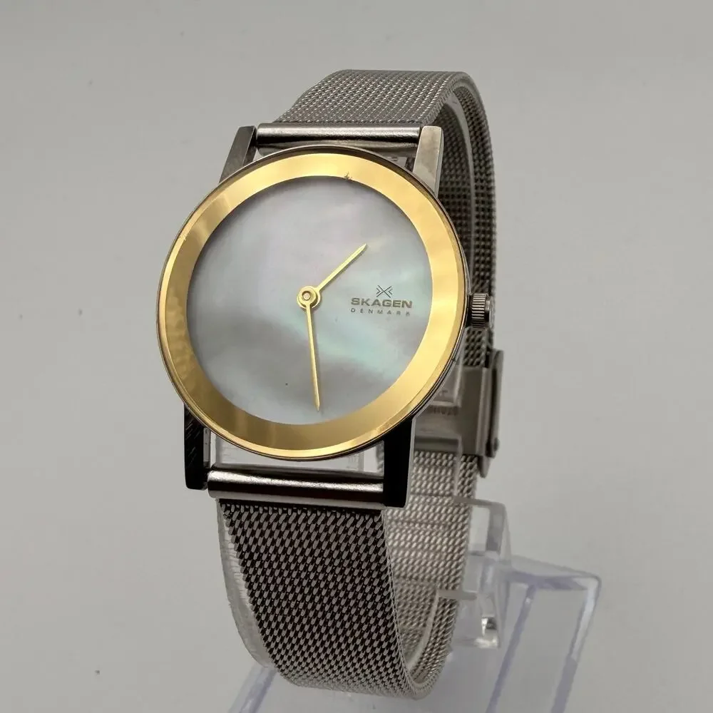 Vintage Skagen 396GSW Gold-Tone MOP Dial Mesh Watch Working New Battery